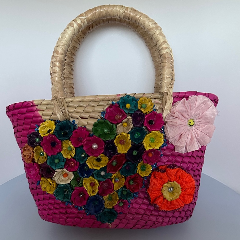 Vibrant Floral Tote with Woven Design